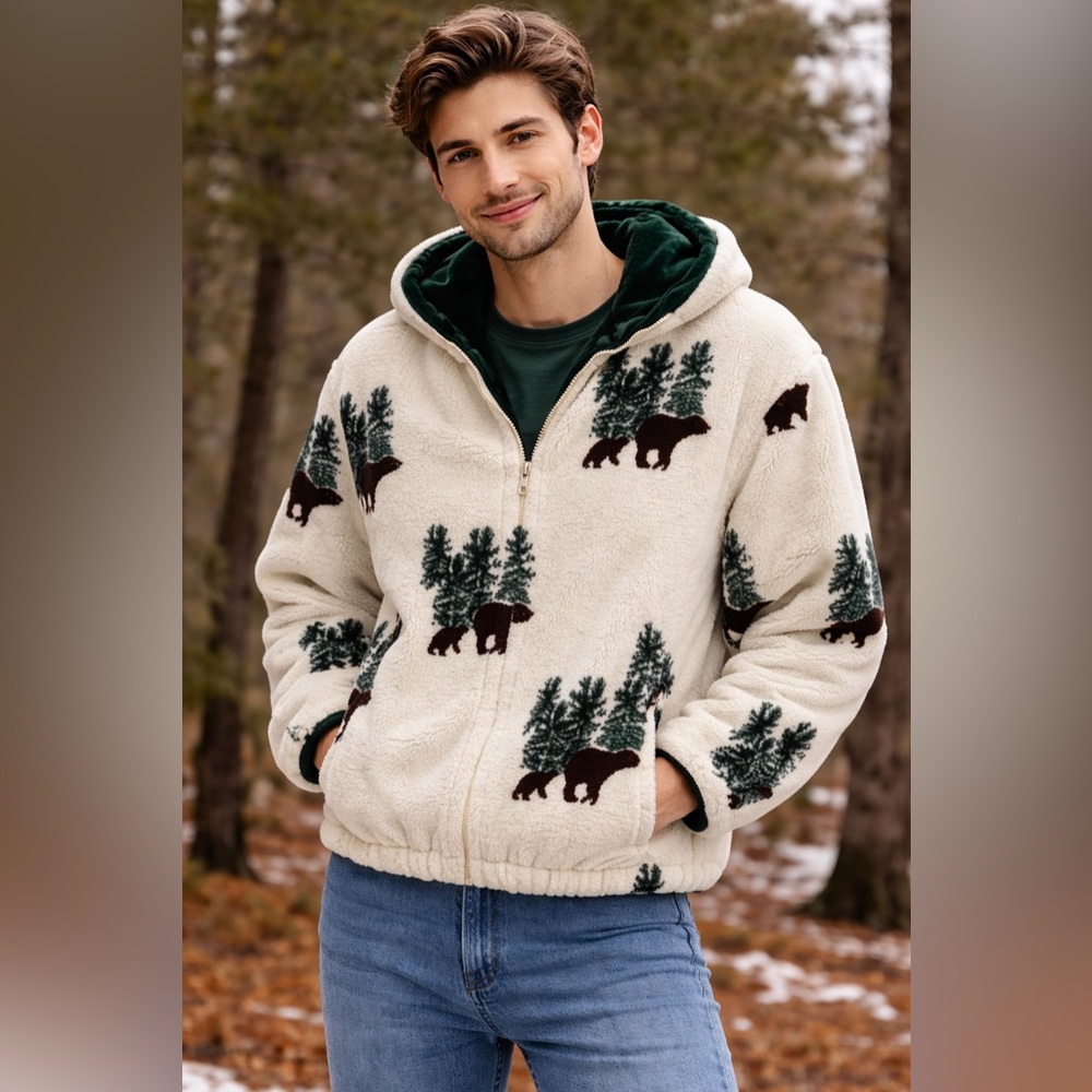 Country Woods Bear Print Sherpa Fleece Hoodie Jacket  Cozy Cabin Core unisex SM